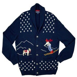 Club Room Mens Novelty Ski Cardigan Sweater L Blue Holiday Christmas Heritage.